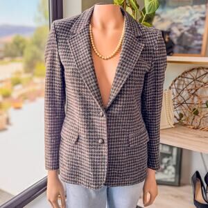 Vintage Oscar De La Renta Houndstooth Twill Plaid Wool Blazer Lined Women’s 7/8